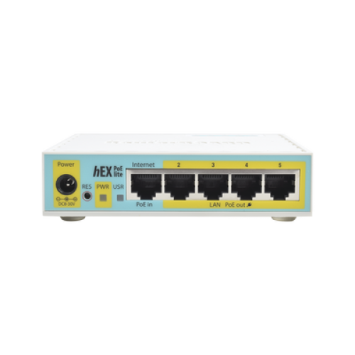 (hEX PoE LITE) RouterBoard, 5 Puertos Fast Ethernet, 4 con PoE Pasivo, 1 Puerto USB