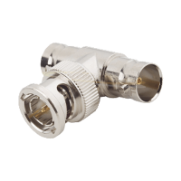 Adaptador en T para 50 Ohm de BNC Macho a Doble BNC Hembra, Maquinado, Níquel/ Oro/ Teflón. Adaptador en T para 50 Ohm de BNC Macho a Doble BNC Hembra, Maquinado, Níquel/ Oro/ Teflón.