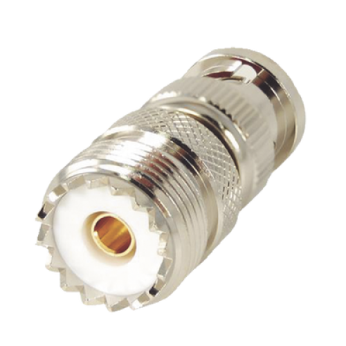 Adaptador en Linea para 50 Ohm, Conector BNC Macho-UHF Hembra (SO-239), Níquel/ Oro/ Delrin.