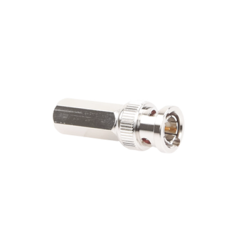 Conector BNC Macho de Ensamble Roscable (Hex.) en Sentido de las Manecillas de Reloj para Cable Coaxial RG-59/U, Níquel/ Oro/ Delrin.