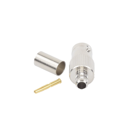 Conector BNC Hembra, 75 Ohm, Anillo Plegable, para RG-59/U, Níquel/ Oro/ Delrin.