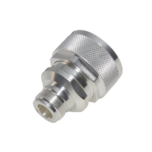 Adaptador en Línea de Conector DIN 7-16 Macho a N Hembra, Plata/ Plata/ Teflón.