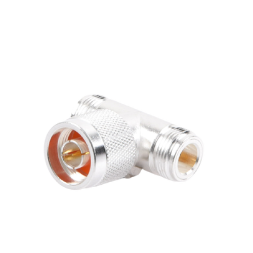 Adaptador en T, de Conector N Macho a Doble N Hembra, Plata/ Oro/ Teflón.