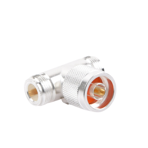 Adaptador en T, de Conector N Macho a Doble N Hembra, Plata/ Oro/ Teflón.
