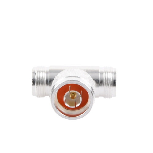 Adaptador en T, de Conector N Macho a Doble N Hembra, Plata/ Oro/ Teflón.