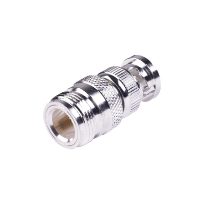 Adaptador en Linea para 50 Ohm, de Conector N Hembra a BNC Macho, Plata /Oro /Teflón.