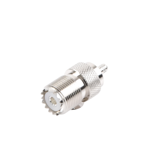 Conector UHF Hembra (SO-239) en Línea, de Anillo Plegable para Cable RG-58/U, RG-142/U, Níquel/ Plata/ Delrin.