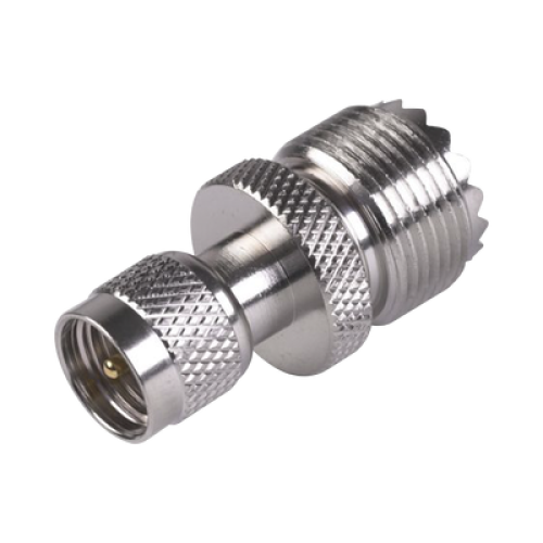 Adaptador en Línea de Conector Mini UHF Macho a UHF Hembra (SO-239), Níquel/ Oro/ Teflón.