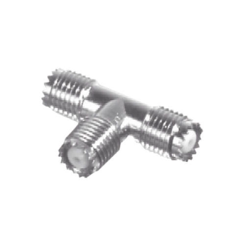 Adaptador en T, de Conector Mini-UHF Hembra a Doble Mini-UHF Hembra, Níquel/ Plata/ Teflón.