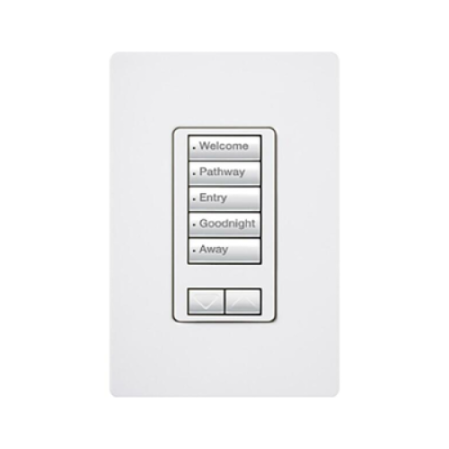(RadioRA2) Teclado seetouch 5 botones, 2 botones subir/bajar, programe escenas diferentes en cada botón. (RadioRA2) Teclado seetouch 5 botones, 2 botones subir/bajar, programe escenas diferentes en cada botón.