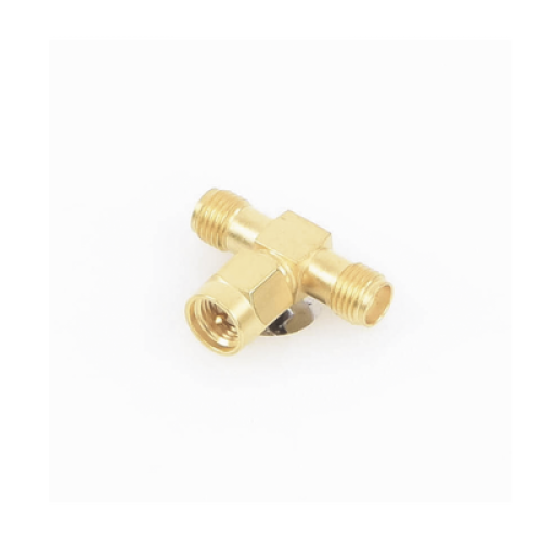 Adaptador en T, de Conector SMA Macho a Doble SMA Hembras, Oro/ Oro/ Teflón.
