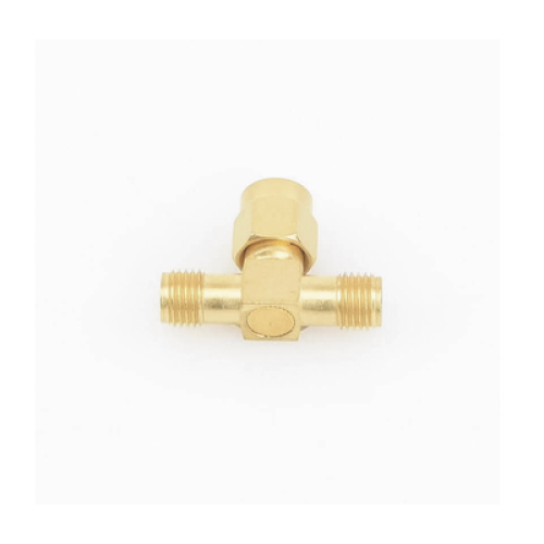 Adaptador en T, de Conector SMA Macho a Doble SMA Hembras, Oro/ Oro/ Teflón.