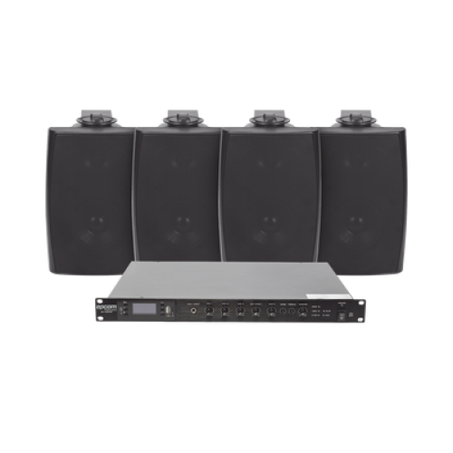 KIT de Amplificador de Audio 120W para Rack | 4 Altavoces de Pared color Negro 2.5W - 20W | Sistema 70/100V