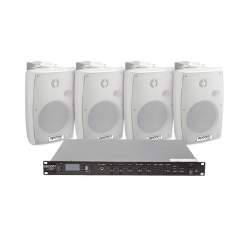 KIT de Amplificador de Audio 120W para Rack | 4 Altavoces de Pared color Blanco 2.5W - 20W | Sistema 70/100V