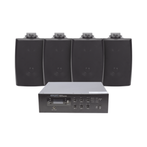 KIT de Amplificador de 120W para Escritorio | 4 Altavoces de Pared color Negro 2.5W - 20W | Sistema 70/100V