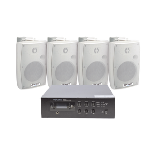 KIT de Amplificador de 120W para Escritorio | 4 Altavoces de Pared color Blanco 2.5W - 20W | Sistema 70/100V