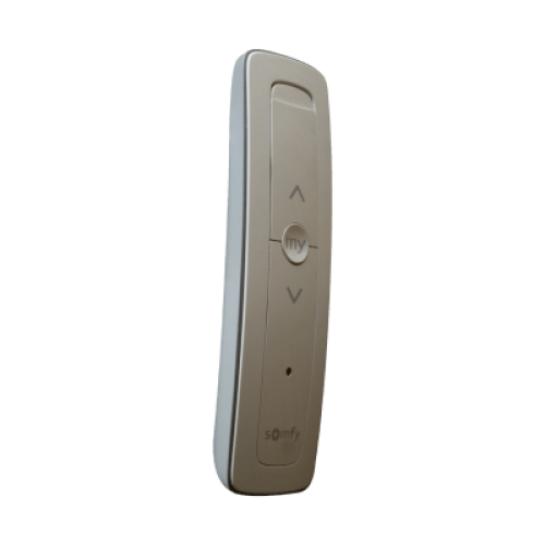 Control remoto 1 canal para motores de persiana Somfy con señal inalámbrica, instrucciones: sube, baja y detener, con posición favorita programada.