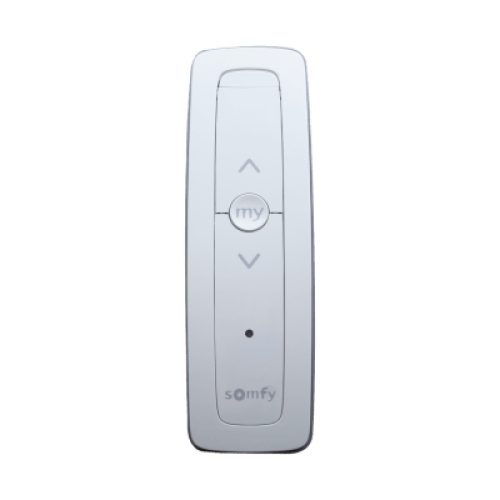 Control remoto 1 canal para motores de persiana Somfy con señal inalámbrica, instrucciones: sube, baja y detener, con posición favorita programada.