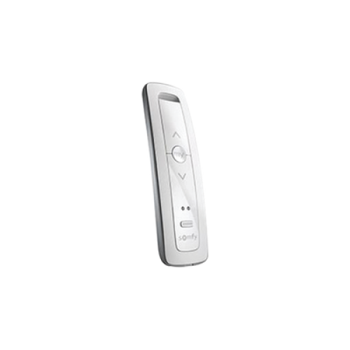 Control remoto 2 canales para motores de persiana Somfy con señal inalámbrica, instrucciones: sube, baja y detener, con posición favorita programada.