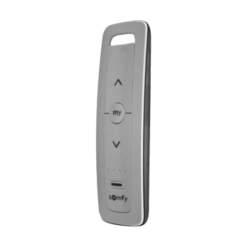 Control remoto 5 canales para motores de persiana Somfy con señal inalámbrica, instrucciones: sube, baja y detener, con posición favorita programada.