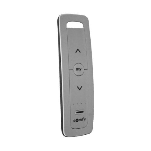 Control remoto 5 canales para motores de persiana Somfy con señal inalámbrica, instrucciones: sube, baja y detener, con posición favorita programada.