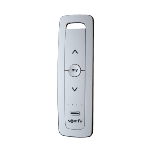 Control remoto 5 canales para motores de persiana Somfy con señal inalámbrica, instrucciones: sube, baja y detener, con posición favorita programada.