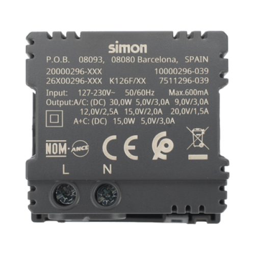 Módulo Doble USB Tipo A+C / Carga Rápida 30W / Color Grafito / Compatible con Torres y Cajas Simon / Modelo: (K126F/14)