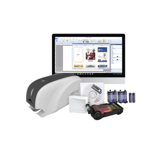Kit Impresora de tarjetas PVC/ Una Cara /incluye: 2 x Ribbons, 100 Tarjetas PVC, Software, Kit Limpieza, Garantia 3 Años, Mascara de Seguridad UV
