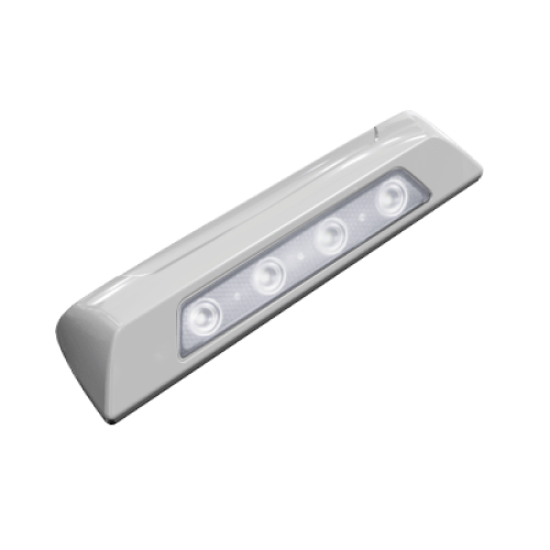 Luz de escena, 4 LED, bisel blanco, 12–24VCD, LED blanco y lente transparente