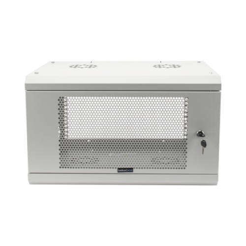 Gabinete de Pared de 6U con Puerta Perforada, 455 mm de Profundidad Total, Rack de 19'', Acero Reforzado Color Gris Mate