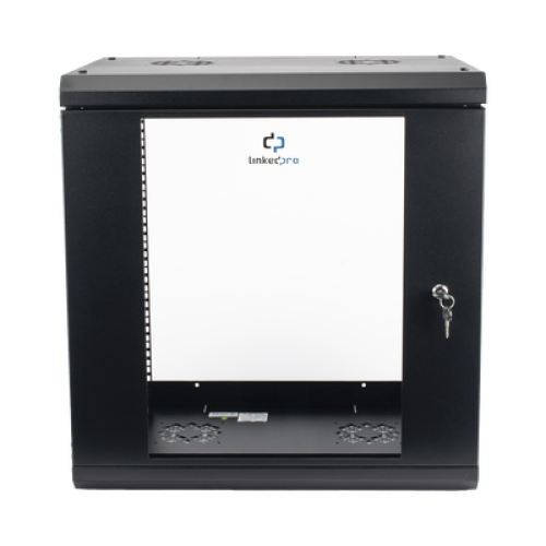 Gabinete de Pared de 12U con Puerta de Cristal Templado, 455 mm de Profundidad, Rack de 19'', Acero Reforzado Color Negro.