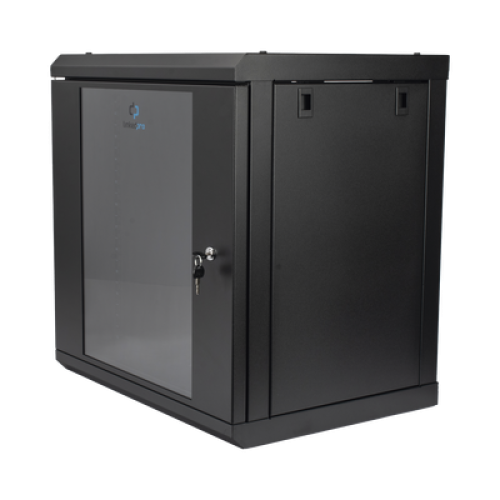 Gabinete de Pared de 12U con Puerta de Cristal Templado, 455 mm de Profundidad, Rack de 19'', Acero Reforzado Color Negro.