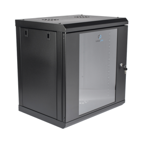 Gabinete de Pared de 12U con Puerta de Cristal Templado, 455 mm de Profundidad, Rack de 19'', Acero Reforzado Color Negro.