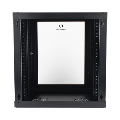 Gabinete de Pared de 12U con Puerta de Cristal Templado, 455 mm de Profundidad, Rack de 19'', Acero Reforzado Color Negro.