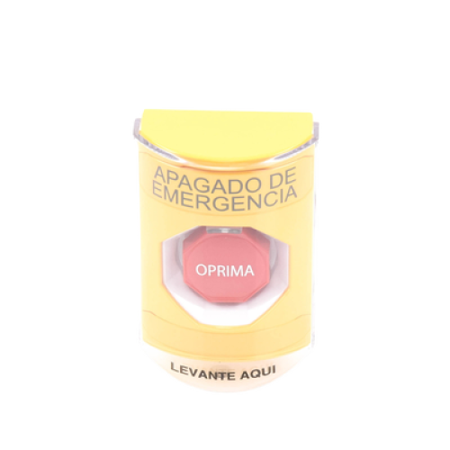 Botón de Apagado de Emergencia, Texto en Español, Tapa Protectora de Policarbonato Súper Resistente, Restablecimiento con Llave