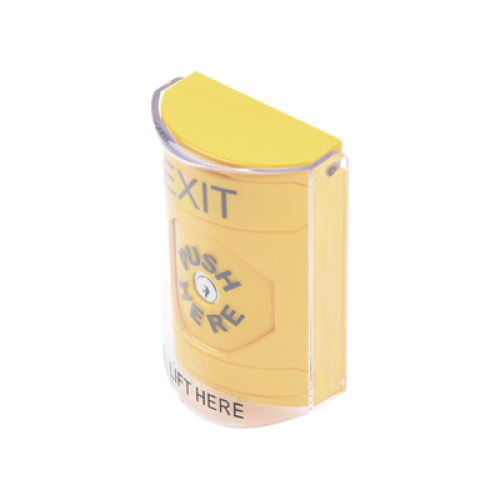 Botón de Salida, Texto en Ingles, Tapa Protectora de Policarbonato Súper Resistente, Llave para restablecer, Bocina integrada de Advertencia