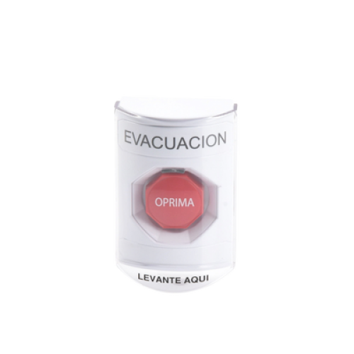Botón de Evacuación, Texto en Español, Tapa Protectora de Policarbonato Súper Resistente, Restablecimiento con Llave
