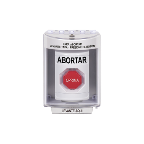 Botón de Abortar, Bocina de Advertencia Integrada, Texto en Español, Tapa Protectora de Policarbonato Súper Resistente con Espaciador, Restablecimiento con Llave