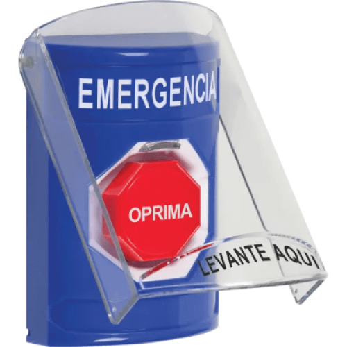​Botón Multipropósito, Color Azul, De Superficie, Con Tapa De Policarbonato, Sin Bocina Pre Alarma, Solo Interior, Llave Para Restablecer, Texto De Emergencia, Español