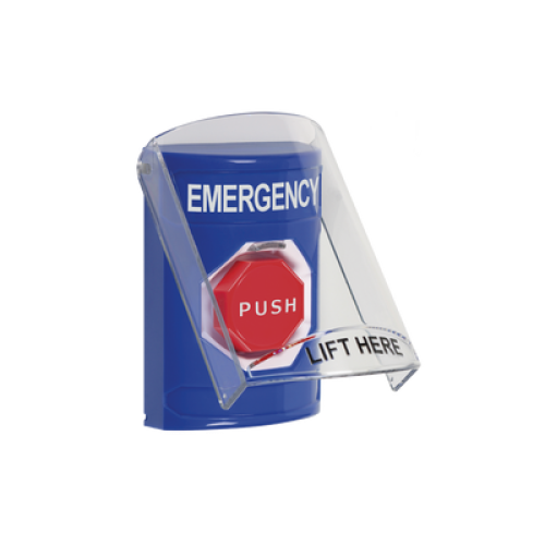Botón Multipropósito, Color Azul, De Superficie, Con Tapa De Policarbonato, Con Bocina Pre Alarma, Para Interior, Llave Para Restablecer, Texto De Emergencia, Ingles