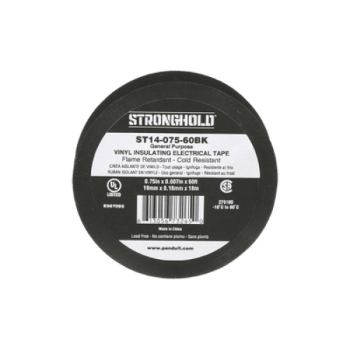 Cinta Eléctrica STRONGHOLD para Aislar, de PVC, Uso General Reparación y Mantenimiento, Grosor de 0.18mm (7 mil), Ancho de 19mm, y 18m de Largo, Color Negro
