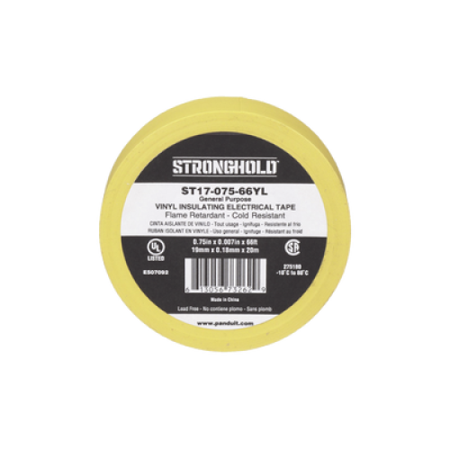 Cinta Eléctrica STRONGHOLD para Aislar, de PVC, Uso General Reparación y Mantenimiento, Grosor de 0.18mm (7 mil), Ancho de 19mm, y 20.12m de Largo, Color Amarillo