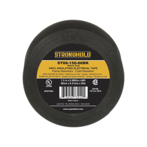 Cinta Eléctrica STRONGHOLD para Aislar, de PVC, Trabajo Pesado Eléctrico Industrial (Soporta UV, abrasión, agua, aceite y corrosión), Grosor de 0.21 mm (8.5 mil), Ancho de 38 mm, y 20 m de Largo, Uso Interior/Exterior, Color Ne