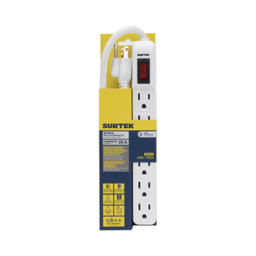 Multicontacto con cable 30 cm. 6 tomas 127 Vca línea, tierra, neutro 15 A max.