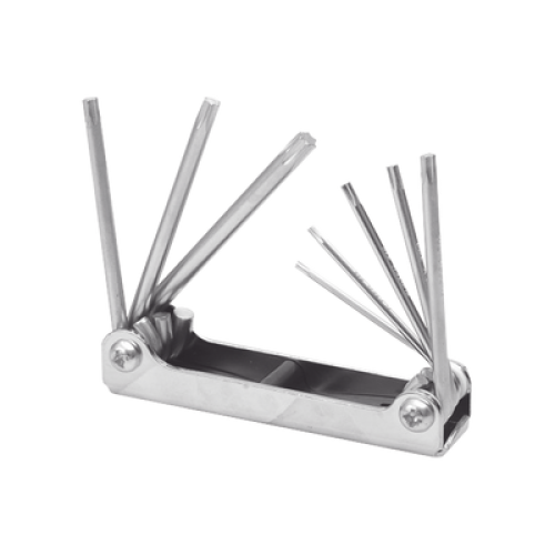 Juego de 8 llaves hexagonales Torx® tipo navaja, estuche metálico. Juego de 8 llaves hexagonales Torx® tipo navaja, estuche metálico.