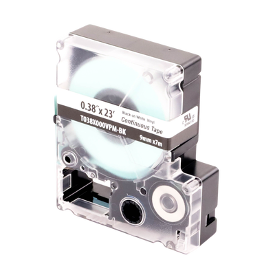Casete de Etiquetas de Vinilo de Cinta Continua, Color Negro Sobre Blanco, Uso Interior/Exterior, 9 mm de Ancho x 7.6 Metros de Largo (24.93 Pies)