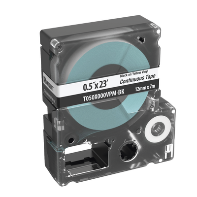 Casete de Etiquetas de Vinilo de Cinta Continua, Color Negro Sobre Blanco, Uso Interior/Exterior, 12 (0.5 Pulgadas) mm de Ancho x 7 Metros (22.97 Pies) de Largo