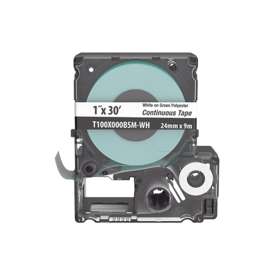 Casete de Etiquetas de Poliéster de Cinta Continua, Color Blanco Sobre Verde, Uso Interior/Exterior, 24 mm (0.94 Pulgadas) de Ancho x 9.1 Metros (29.86 Pies) de Largo
