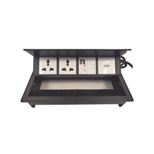 Caja Horizontal Tipo Hub para Escritorio Color Negro, con 1 Puerto HDMI Hembra-Hembra, 1 Puerto RJ45 Cat6, 2 Puertos USB (Solo Carga), y 2 Contactos Eléctricos Universales