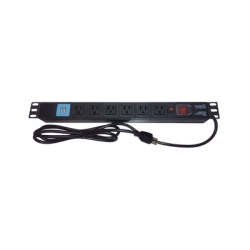 Tomacorriente Horizontal (PDU) de 6 contactos (NEMA 5-15R) + 2 USB para instalación en Rack de 19